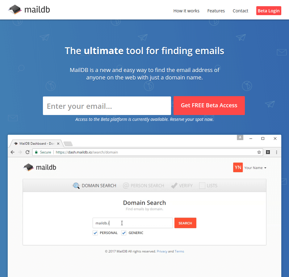 maildb landing page above the fold